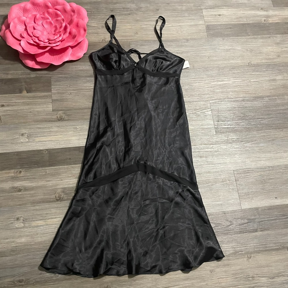 NWT LINEA DONATELLA Sz L Black Satin Long Babydoll Slip Dress Nightgown Y2K VTG - Picture 2 of 13